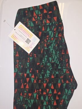 LuLaRoe Black Leggings with Green & Red Triangle Print